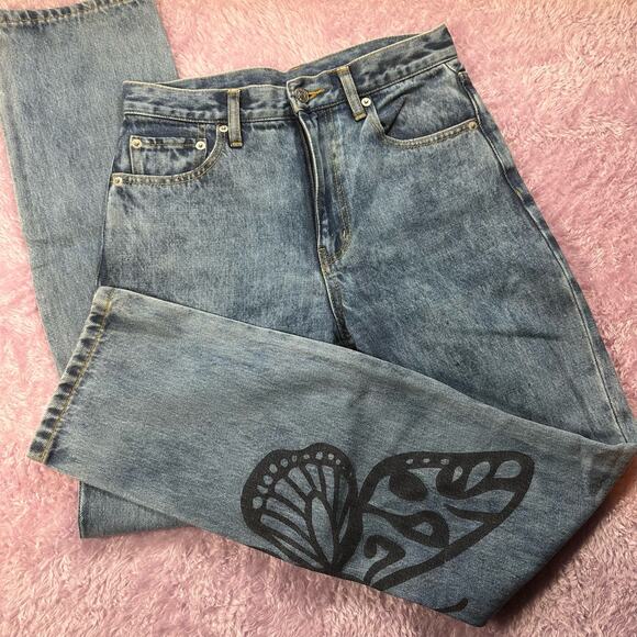 🍒[ X-Girl ] Butterfly Print Acid Wash Straight Leg Jeans - Picture 15 of 15